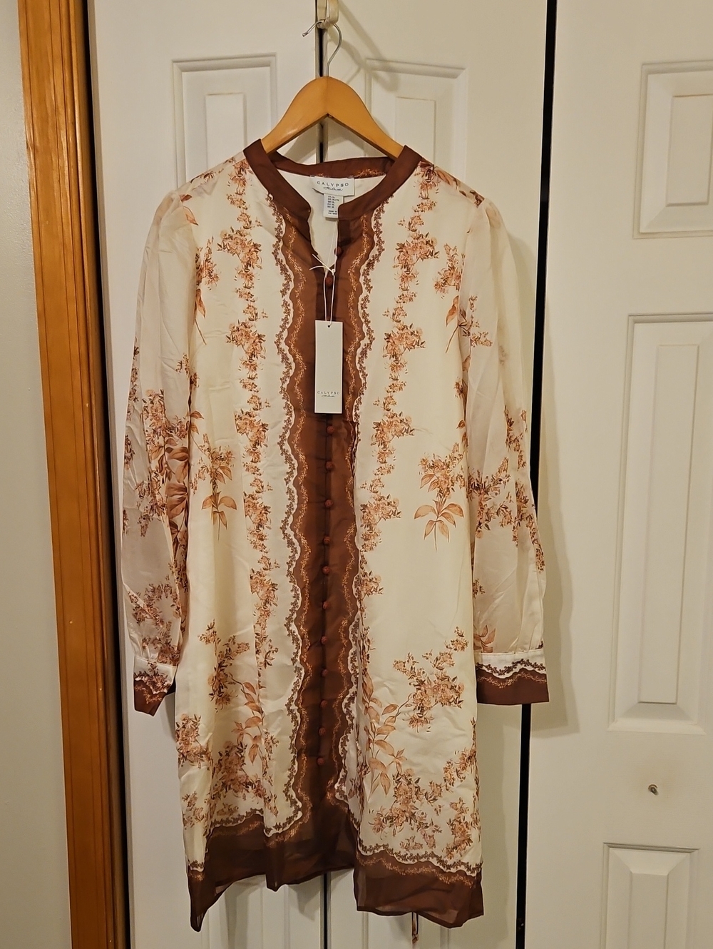 Calypso St. Barth XL Floral Tunic Dress Cream Brown Boho NWT